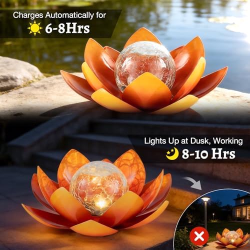 Huaxu Solar Lights Outdoor Garden Decoration Crackle Globe Glass Waterproof LED Metal Orange Lotus Flowers Gift for Mom,Women,Patio,Lawn,Walkway,Tabletop,Ground - Image 3