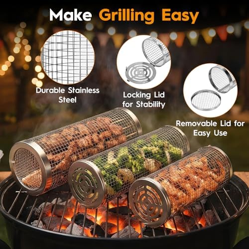 3 Pcs Rolling Grill Baskets for Outdoor Grill Accessories, BBQ Grilling Basket for Vegetables Shrimp Kebob, Outdoor Cooking Camping, Birthday Gifts for Men Dad Husband - Image 3