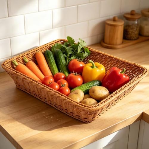 RT&BS 2pcs Large Wicker Bread Basket for Serving, Wicker Fruit Basket, Display Baskets for Vegetable Fruit, Reusable Handwoven Serving Baskets for Kitchen, Store, Restaurant, Outdoor (Brown, L) - Image 4