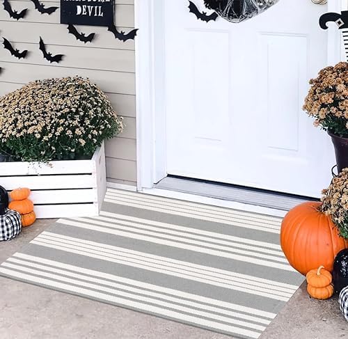Grey and White Outdoor Doormat 24"x35"Cotton Washable Striped Outdoor Rug by BUAGETUP