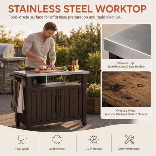 Outdoor Prep & Storage Cart, Stainless Steel Top, Brown, 2-Pack - Image 6