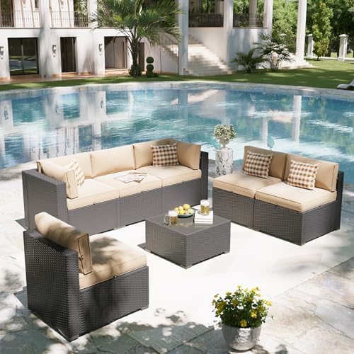 Aoxun Patio Furniture Set, 7 Piece Outdoor Sectional Sofas with Waterproof Cover, Wicker Rattan Outdoor Furniture Patio Conversation Set for Backyard, Garden Beige - Image 5