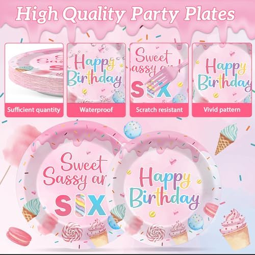 96 PCS Donut Party Tableware 6th Birthday Plates and Napkins Decorations Disposable Donuts Happy Birthday Party Tableware Supplies Sweet Sassy 6th Plates Napkins Decor for Kids Gatherings Decorations - Image 3