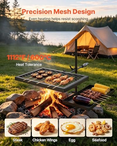 VEVOR Heavy Duty Swivel Campfire Grill, Double Layer Portable Camping Grill Grate & Griddle, Sturdy Steel BBQ Mesh, 360° Height Adjustable Over Fire Pit, for Outdoor Open Flame Cooking, Black - Image 4