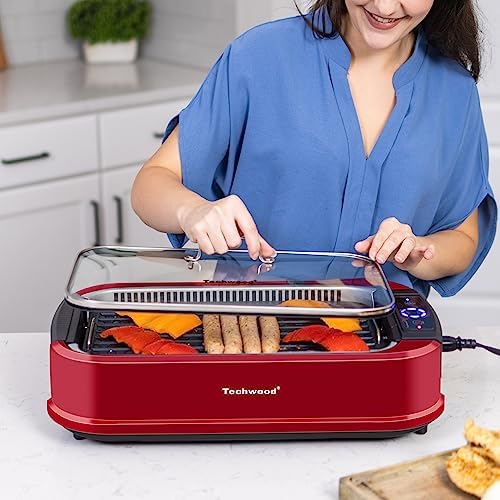 Indoor Smokeless Grill, Techwood 1500W Electric BBQ Grill with Temperature Control, Korean Grill Removable Non-Stick Grill & Griddle Plates, Tempered Glass Lid, Red - Image 3