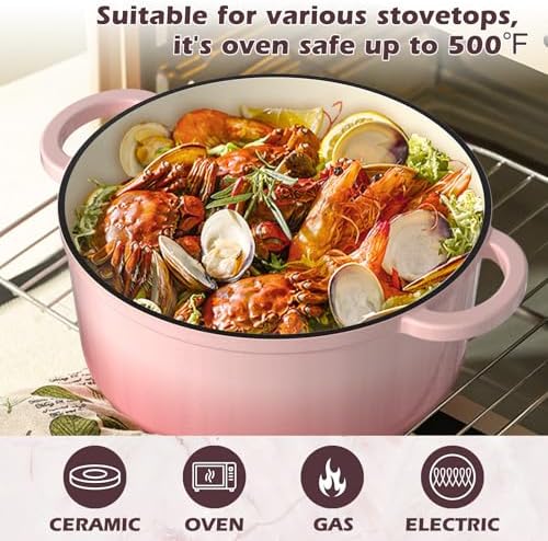 Umite Chef Enameled Cast Iron Dutch Oven-7QT Pot with Lid Cookbook & Cotton, Heavy-Duty Cookware for for Bread Baking, Braising, Stews, Marinate, Cook(Pink) - Image 4