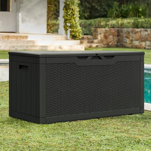 Greesum 100 Gallon Resin Patio Storage Box for Garden Tools, Black - Image 2