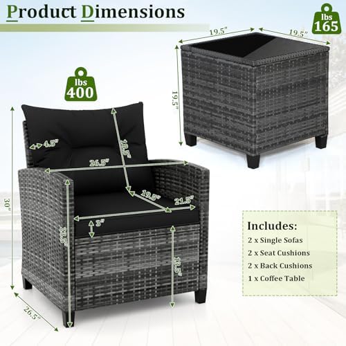 RELAX4LIFE 3 Piece Patio Furniture Set, Wicker Bistro Conversation Set w/2 Cushioned Armchairs & Glass Topped Table, Outdoor Rattan Sofa Set Patio Furniture for Porch Balcony Poolside (Grey-Black) - Image 6
