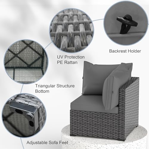 Patio Furniture Set, 7PCS Outdoor Sectional PE Rattan Patio Conversation Set w/Thickened Cushion Modular Wicker Patio Sofa Set w/Coffee Table for Balcony, Backyard(Grey) - Image 3