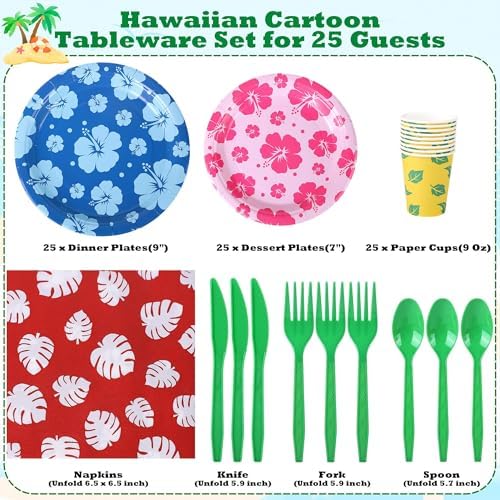 Kochorie 175 Pieces Hawaiian Cartoon Party Supplies Tropical Hawaii Hibiscus Floral Tableware Set 7 Inch & 9 Inch Paper Plates Napkins Cups Cutlery for Birthday Blue Cartoon Party, Serve 25 Guests - Image 2
