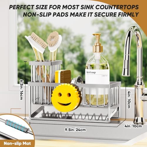 Sponge Holder for Kitchen Sink,Smiley Face Sink Caddy with Removable Brush Holder,Self-Draining Sponge Caddy for Soap,Dish Brush,Scrubber,Kitchen Essentials and Gadgets-Silver - Image 2