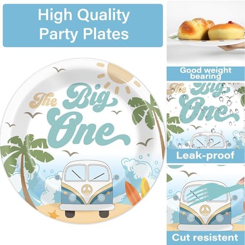 Summer Beach The Big One Party Plates Napkins Boy Surfing First Birthday Decoration Set Hawaiian Palm Tree Dinner Dessert Tableware for Retro Wave Theme Birthday Party Decoration Supplies Serve 24 - Image 3