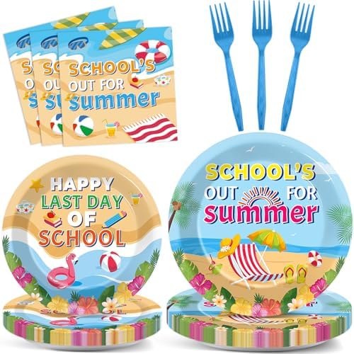 96Pcs School's Out for Summer Plates and Napkins Happy Last Day of School Party Supplies End of School Year Theme Tableware Set Hawaii Pool Themed Plates for Kids Tropical Beach Party Favors Serves 24 by Naozinebi