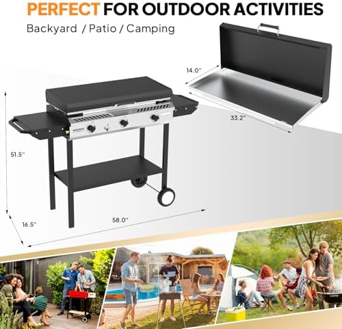 ROVSUN 2-in-1 Propane Stove & 33'' Griddle Combo with Ignition, 3 Burner 225,000 BTU Gas Stove & Grill with Side Shelves, Rolling Wheel & Regulator for Home Outdoor Backyard Camping Cooking Grilling - Image 6