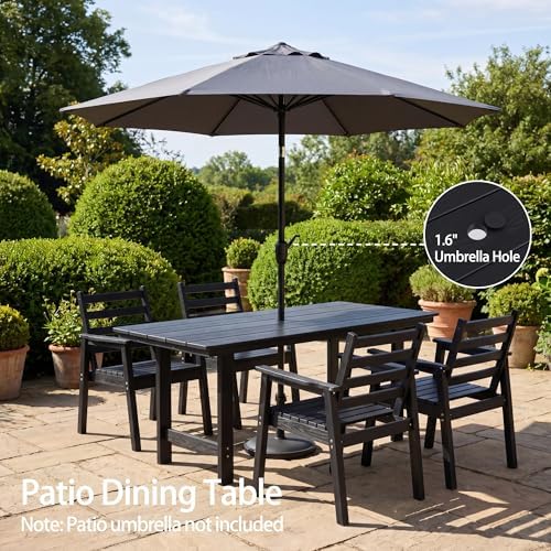 10-Piece Outdoor Dining Set, All-Weather HDPE Patio Furniture, Two 66.5" Slatted Table with 1.6" Umbrella Hole & 8 Ergonomic Armchairs, Heavy Duty 350lbs Capacity, UV Resistant, Black - Image 5