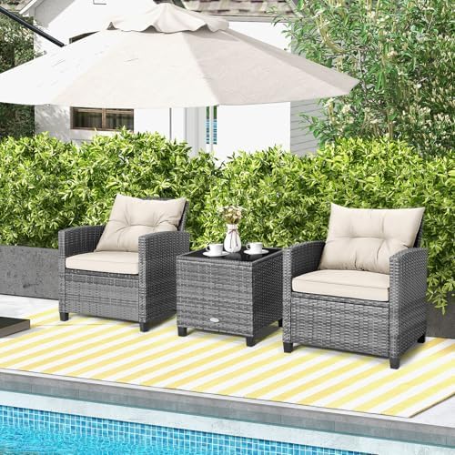 Tangkula 3 Pieces Patio Furniture Set, PE Rattan Wicker 3 Pcs Outdoor Sofa Set w/Washable Cushion and Tempered Glass Tabletop, Conversation Furniture for Garden Poolside Balcony (Mix Grey-White) - Image 4