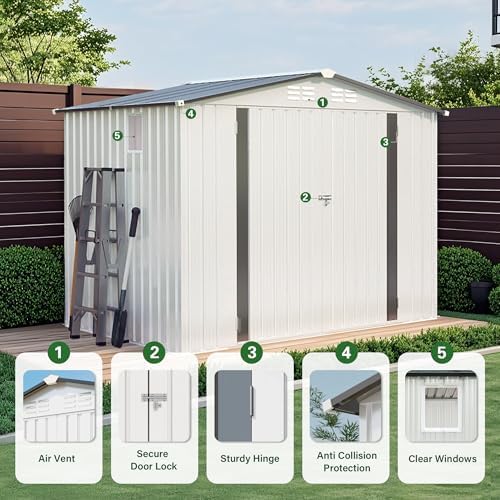 8x6FT Metal Storage Shed, Outdoor Garden Tool Shed, Galvanized Steel Lockable Backyard Organizer, Waterproof Weather Resistant Utility Storage House, Patio Courtyard Equipment Storage, Easy Assembly - Image 4