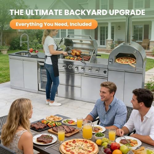 125" Outdoor Kitchen Island,Stainless Steel Propane BBQ Grill with with Standalone Side Burner Pizza Oven, Rotisserie, Refrigerator, Granite Countertop, Storage Cabinets Drawers 108000 BTU. - Image 4