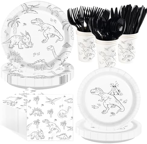 168 Pcs Black Line Art Dinosaur Party Decorations, Serves 24 by Greencian