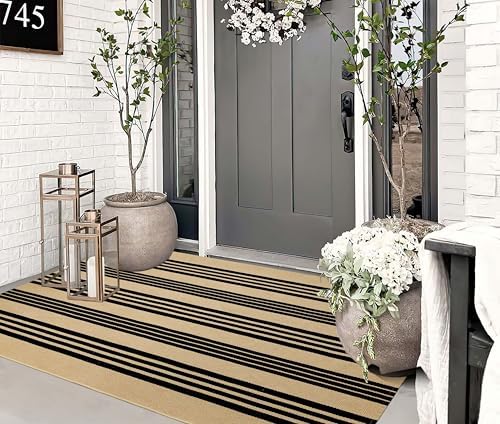 Outdoor Rug 3'x 5',Black and Tan Striped Area Rug Fall Front Porch Mat - Image 4