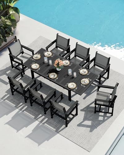 SERWALL HDPE Outdoor Dining Set for 8 with Textilene Chairs, Black - Image 5