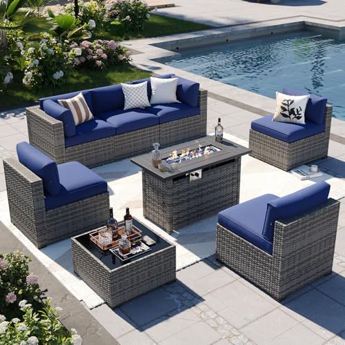Aoxun Patio Furniture Sets, 8-Piece Outdoor Patio Furniture with 44'' Propane Gas Firepit Table, Wicker Outdoor Conversation Set Sectional Sofa for Backyard, Poolside, Garden by Aoxun