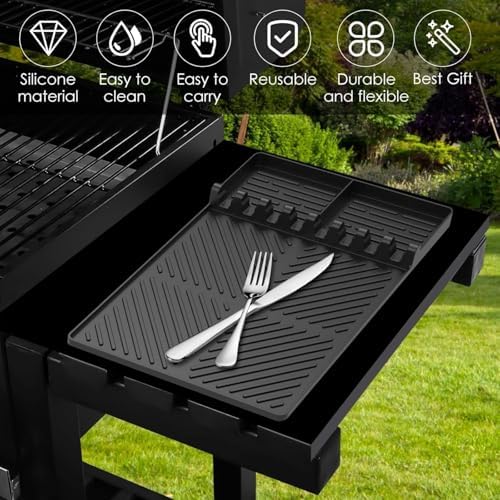 Silicone Griddle Tool Mat for Blackstone, Heat Resistant Side Shelf Mat with Drip Pad – BBQ Grill Accessories for Outdoor Grill, Kitchen Counter, Spatula Holder, Cooking Organizer (2, Black) - Image 3