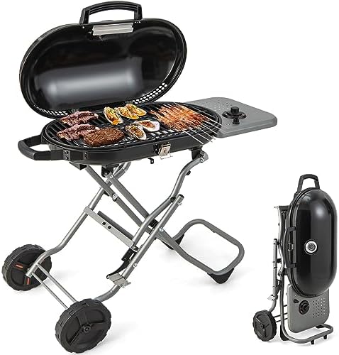 Giantex Portable Propane Gas Grill with 15,000 BTUs Burner, Side Table, 2 Wheels, Grease Tray, Metal Frame, Folding Stand-Up Propane Gas Grill for Outdoor Cooking Camping Barbecue (Black) by Giantex