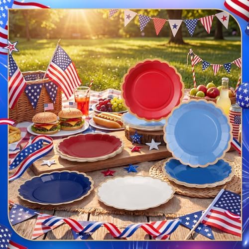 48 Pcs 4th of July Paper Plates 9 Inch Red White and Blue Scalloped Paper Disposable Dinner Dessert Plates for Independence Day 250th Anniversary Party Birthday Wedding Decoration, 6 Colors - Image 2