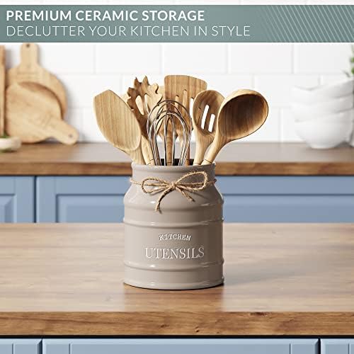 Barnyard Designs Ceramic Kitchen Utensil Holder Countertop 6.75″ (Taupe) - Image 5