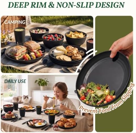 Homienly Wheat Straw Dinnerware Sets, Homienly 20pcs Unbreakable Microwave Dishwasher Safe Tableware Lightweight Bowls, Cups, Plates Set Reusable Dinner Plates Bowls set (Matte Black) - Image 6