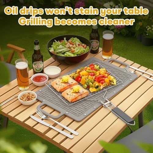 Portable Outdoor Silicone Grill Mat, Foldable Heat-Resistant Table Mat & BBQ Side Shelf Tool Pad with Snap Buttons, Converts into Storage Bag for Utensils and Food, Food-Grade, Non-Slip(Gray) - Image 5
