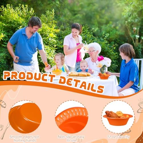 24 Pack 12 oz Disposable Plastic Bowls Dessert, Ice Cream, Salad, Soup Serving Cups for Party, Picnic, Food Snacks (Orange) - Image 3