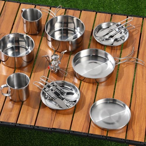 Funnymoom 15 Pcs Camp Cooking Set Stainless Steel Camping Cookware Mess Kit with Pot Pan and Stove 2 Set Stainless Steel Cups Plates Forks Knives Spoons for Camping Backpacking Outdoor Cooking Picnic - Image 6