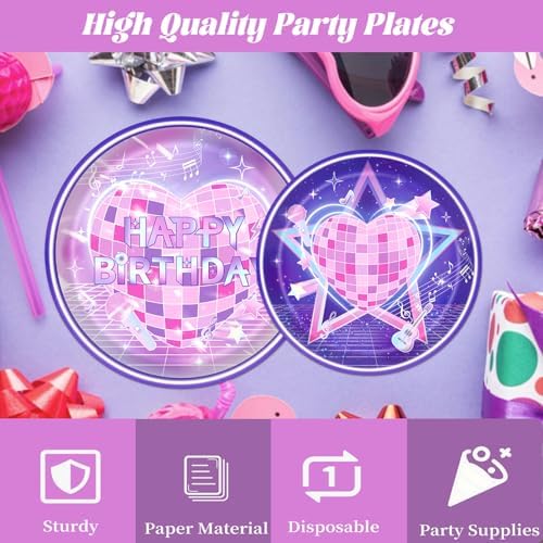 Pink and Purple Party Decorations, 96PCS Magical Music Theme Paper Plates and Napkins Decorations, Cute Singer Happy Birthday Forks Decor Supplies Serve 24 - Image 4