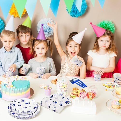 Kochorie 144 Pieces Blue Paw Print Party Tableware Sets Including Disposable Plates Napkins Cups Forks Serves 24 for Dog Puppy Theme Party Supplies - Image 6
