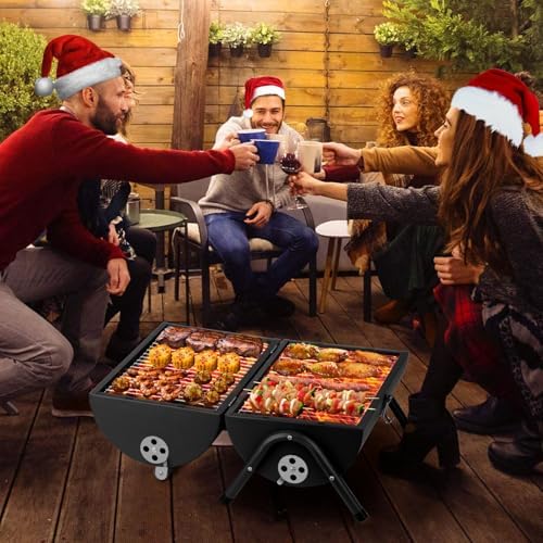 Portable bbq Charcoal Grill Small Folding Table Top Charcoal Grill for Outdoor Camping Two Side Carbon Smoker Griller with bbq Grill Brush and Metal Tongs (Black) - Image 5