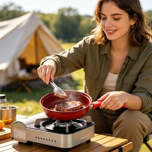 13 Piece Set Non-Stick Cookware Set, Portable Lightweight Cast Iron Pots and Pans with Glass Lids and Nylon Utensils for Outdoor Camping Picnic Travel Cookware - Image 6