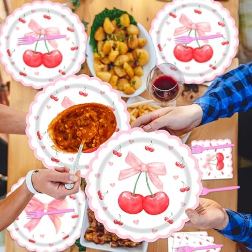 96Pcs Pink Bow Cherry Paper Plates Napkins Set for 24 Guests - Image 5