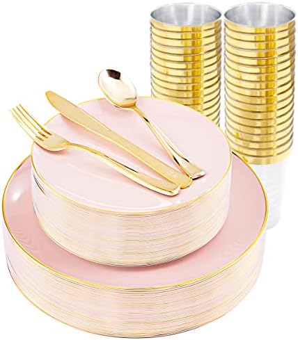 LIYH 180 Pcs Pink Plastic Plates - Disposable Dinnerware Set, Pink Dinner Plate Dessert Plate,Gold Plastic Silverware Cups for Weddings,Birthday Party 30 Guests by LIYHLoveinyourheart
