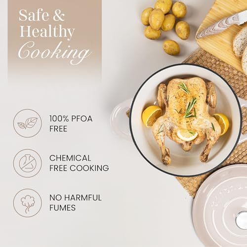 Nuovva Enamelled Cast Iron Dutch Oven Pot with Lid 6.4 Quart Non Stick Casserole Pot-Heavy Duty & Oven Safe up to 500° F for Bread Baking, Braising, Stews, Roasting - 28cm Oyster - Image 4