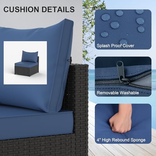 Patio Furniture Set, 5PCS Outdoor Sectional w/ Ottoman & Cushion, Navy Blue - Image 2