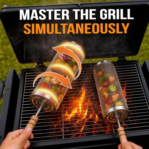 Rolling Grill Basket for BBQ, Removable Wooden Handle, Gifts for Men Dad - Image 5
