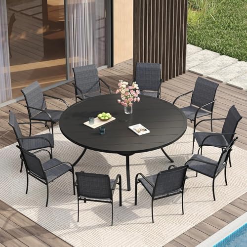 VICLLAX Large Patio Dining Furniture Set, Outdoor Dining Set for 10-60" Round Outdoor Table and Patio Stackable Chairs, Black Tabletop and Grey Fabric by HOME