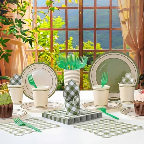 Havawish 144 Pcs Moss Green Camping Supplies Plates Napkins Forks Cups - Image 6