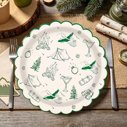 JarThenaAMCS 40Pcs Camp Bachelorette Party Paper Plates Summer Camping Theme Scalloped Disposable Plate Green Dessert Salad Plate for Wedding Bridal Shower Birthday Party Decor, 9 Inch - Image 5