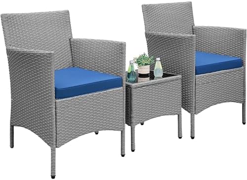 Yaheetech 3 Pcs Patio Conversation Set, Chairs & Side Table, Gray/Dark Blue by Yaheetech