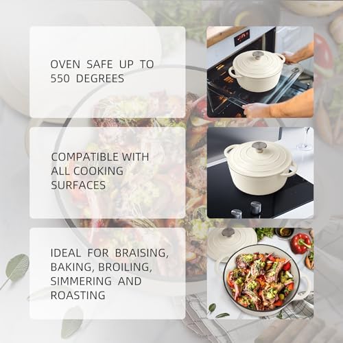 6 Quart Dutch Oven Enameled Cast Iron with Lid - Big Dual Handles - Oven Safe up to 500°F - Classic Round Pot for Versatile Cooking Cream - Image 4