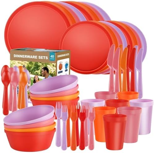 40 Piece Plastic Dinnerware Set for 8 with Cutlery, Unbreakable Plates and Bowls Set, Dishwasher & Microwave Safe Reusable Dish Set for Camping, RV, Outdoor Kitchen, Apartment Dining,Sunset Multicolor by BetterMomentsBeginatHome