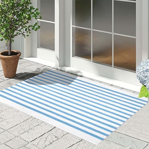 Front Outdoor Door Mat 2'x3',Light Blue Striped Outdoor Rug Machine Washable Cotton Layered Door Mat Entryway Throw Rug for Indoor Entrance - Image 6